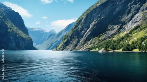 Fjord in Norway: a narrow fjord, surrounded by high cliffs and green meadows photo