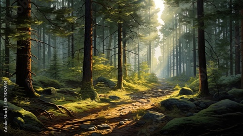 Forest landscape: a dense forest with a game of light and a shadow penetrating through the trees