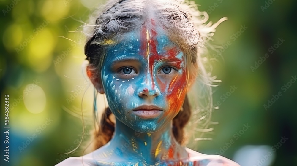 Portrait of 10 years children with paints on their faces at the festival