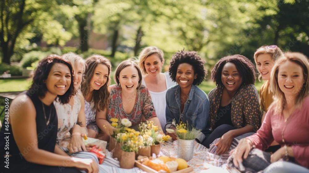 Group of friends having a picnic in the park. They are smiling and looking at camera.