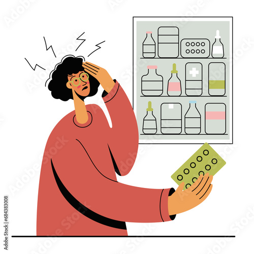 Unwell woman having headache, migraine and need painkiller to relieve pain. Healthcare and medication concept.