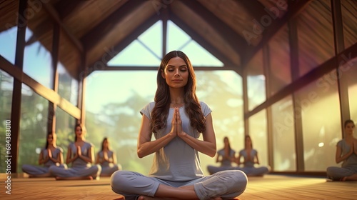 Yoga teacher who helps students perform asanas