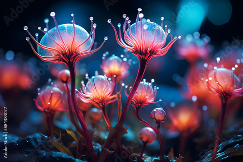 Glowing magical flowers at night in a fantasy setting