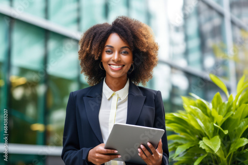 Black businesswoman smiling and holding tablet, with office building in the background