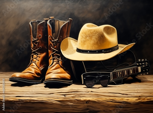 vintage Cowboy Accessories, Straw Hat, leather boot, Guitar and sun Glasses, Wild west, background