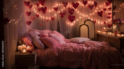 A fairy-tale Valentine's bedroom with twinkling lights, a bed covered in rose petals, and heart-shaped paper lanterns.