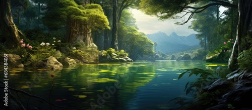 Exploring serene forest with lush vegetation and peaceful waters.