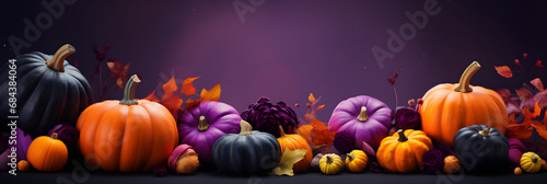 Colourful pumpkins and leaves on a purple backdrop. High quality photo. Wallpaper