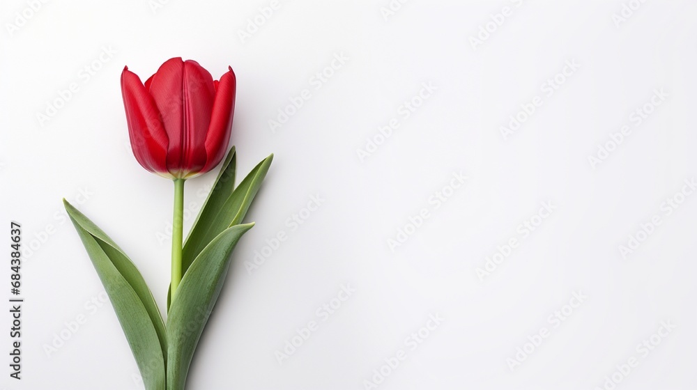 red tulip against a clean white backdrop, perfect for text placement to wish valentines day. - obrazy, fototapety, plakaty 