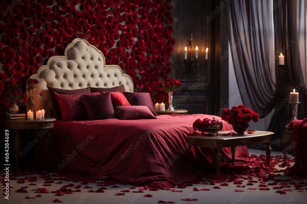 A glamorous Valentine's bedroom with a stylish bed, red rose petals in heart shapes, and chic pestles as accents.