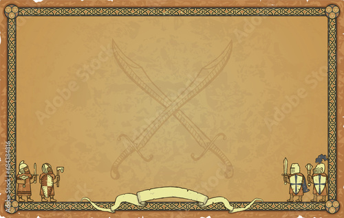Wide Parchment with Knot Frame, Warriors, Banner, Crossed Scimitars