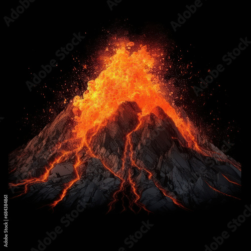  Fiery volcano at night intensely detailed black back 