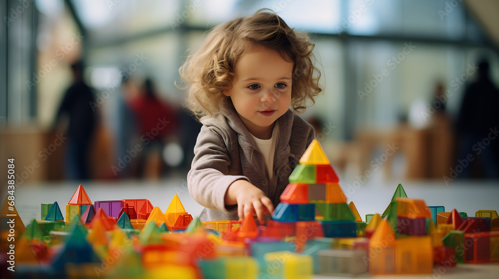 Joyful young child engaged in building blocks play in a mall or busy room, emphasizing creativity and fun - obrazy, fototapety, plakaty 