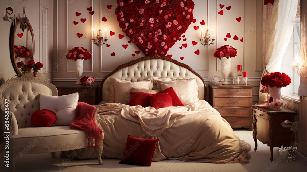 A peaceful Valentine's bedroom with a comfortable bed, a bouquet of red roses, and heart-shaped pillows.