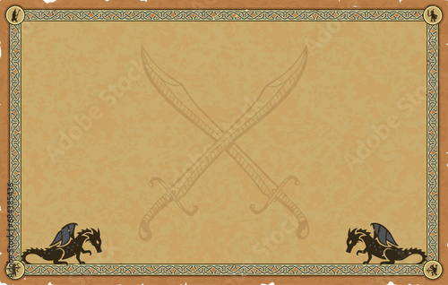 Large Parchment with Medieval Frame, Dragons, Crossed Scimitars