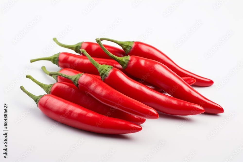 Red chili pepper on a white backdrop. Background with selective focus and copy space