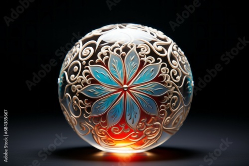 Unusual glass Christmas ball. Merry Christmas and Happy New Year concept. Background with copy space