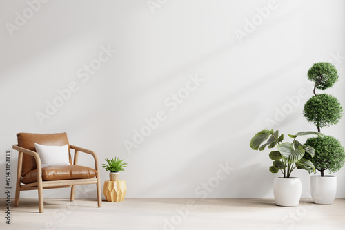 Living room wall mockup with leather armchair and decor on white background