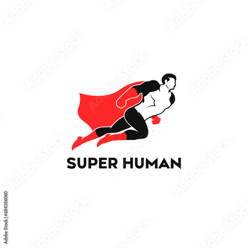 Super Human Flying  With Red Cape Logo Symbol Design Template Flat Style Vector