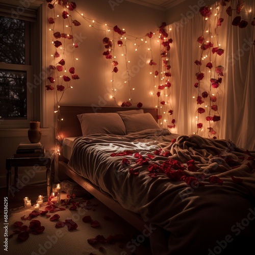 A romantic Valentine's escape with a soft bed, a trail of red rose petals, and heart-shaped string lights.