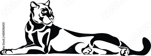 Cartoon Black and White Isolated Illustration Vector Of A Panther Cat Laying Down