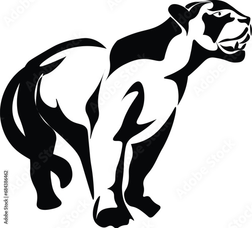 Cartoon Black and White Isolated Illustration Vector Of A Panther Cat Standing