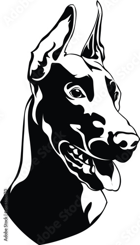 Cartoon Black and White Isolated Illustration Vector Of A Doberman Puppy Pet Dogs Face and Head