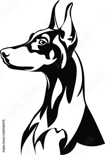 Cartoon Black and White Isolated Illustration Vector Of A Doberman Puppy Pet Dogs Face and Head