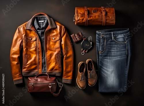 Elegance winter collection, Leather jacket and leather Suitcase, leather boot and scarf, jeans and leather wallet, slim fit, classic 