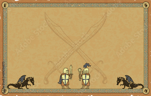 Medieval Parchment with Knights, Dragons, Crossed Scimitars