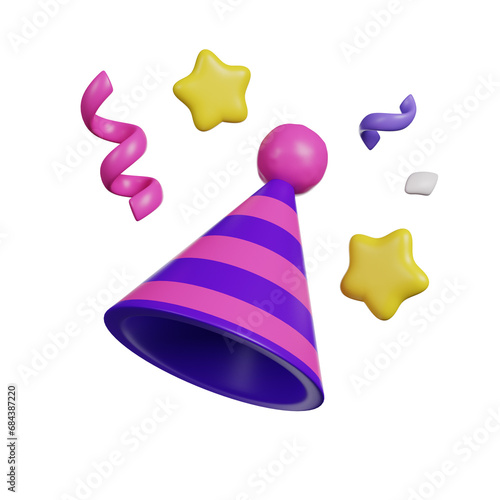 Birthday hat with confetti 3D render icon