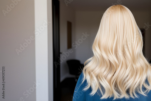 Mulher com cabelo loiro ondulado de costas salão de beleza  photo