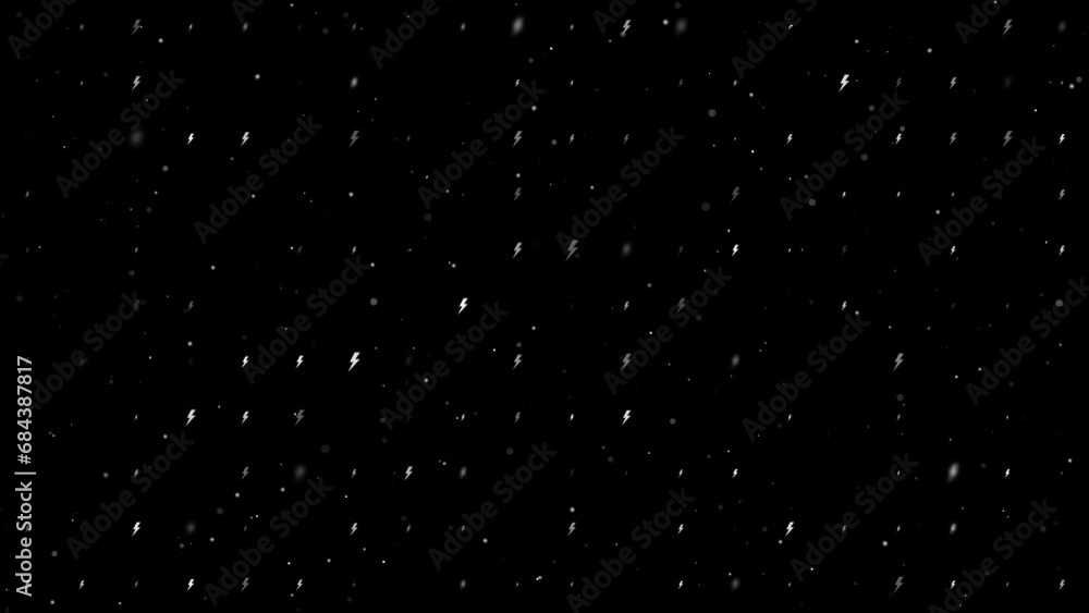 Template animation of evenly spaced lightning symbols of different sizes and opacity. Animation of transparency and size. Seamless looped 4k animation on black background with stars Template animation of evenly spaced lightning symbols of different sizes and opacity. Animation of transparency and size. Seamless looped 4k animation on black background with stars