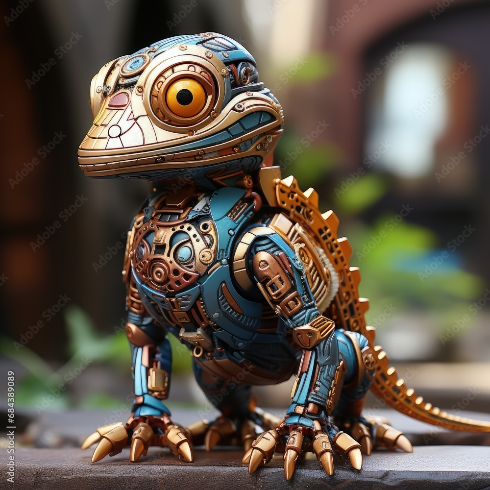 Golden Mechanical Lizard Model on Stone Surface with Blue Accents