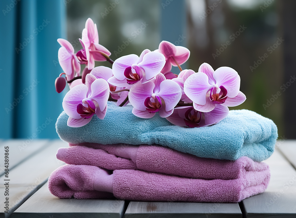 A clean soft Spa Towels with flowers on it, message elements, bathroom A clean soft Spa Towels with flowers on it, message elements, bathroom