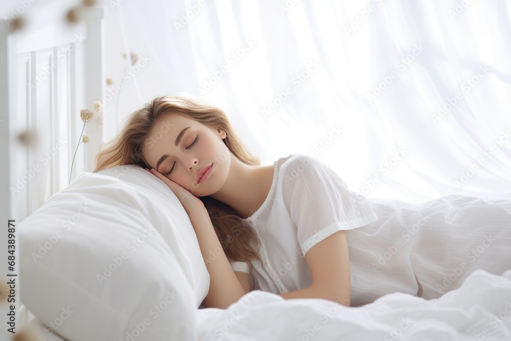 young beautiful woman sleeping on a white pillow in bed young beautiful woman sleeping on a white pillow in bed