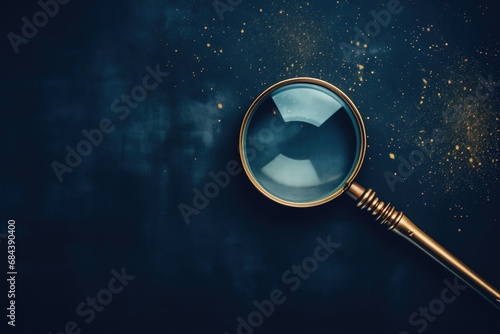 Magnifying glass on dark textured background. Detective's tools. Magnify. Zoom. Elegant. Glass photo