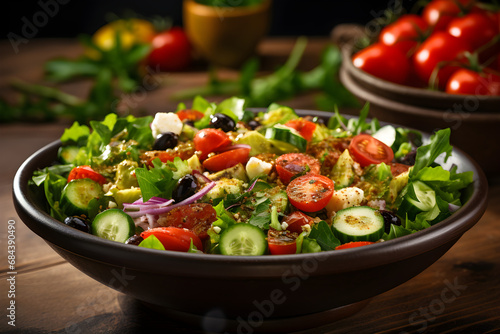 Wooden bowl full of fresh salad © Sarah