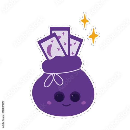 Pouch with Tarot cards and decorative stars. Cute character with fortune telling cards. Sticker