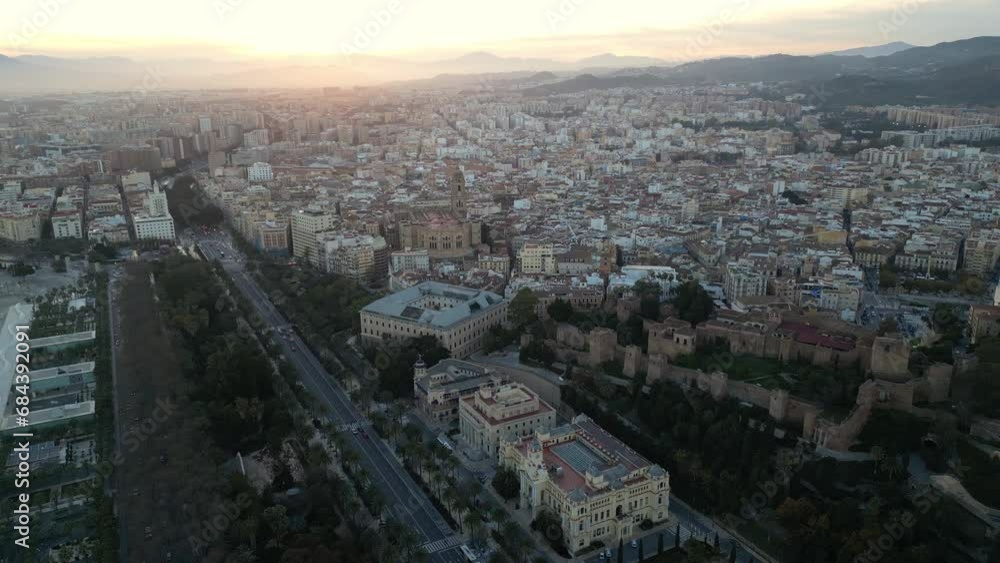 Panning video of Malaga at sunset, province of Andalusia, Spain. Aerial footage. Panning video of Malaga at sunset, province of Andalusia, Spain. Aerial footage.