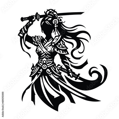 chinese fantasy swordwoman logo. vector illustarion