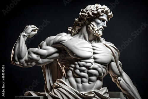 A statue from a muscular greek god statue with a wavey middel parting hair out of white marbel with a black backround standing on a podest animeted style photo