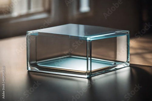 Cube, 4k, Object inside, clear glass, studio photography, neutral background, table top photo