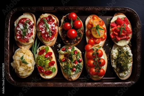 Assortment of gourmet bruschetta on a wooden tray, vibrant and colorful