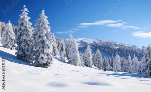 Breathtaking winter landscape with snow-covered trees under a clear blue sky, untouched snow blanketing the ground