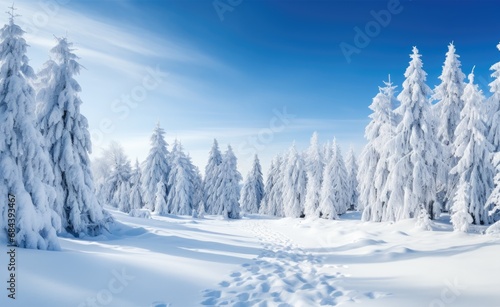 A path of footprints leads through a pristine snowscape surrounded by frosted pine trees under a radiant blue sky