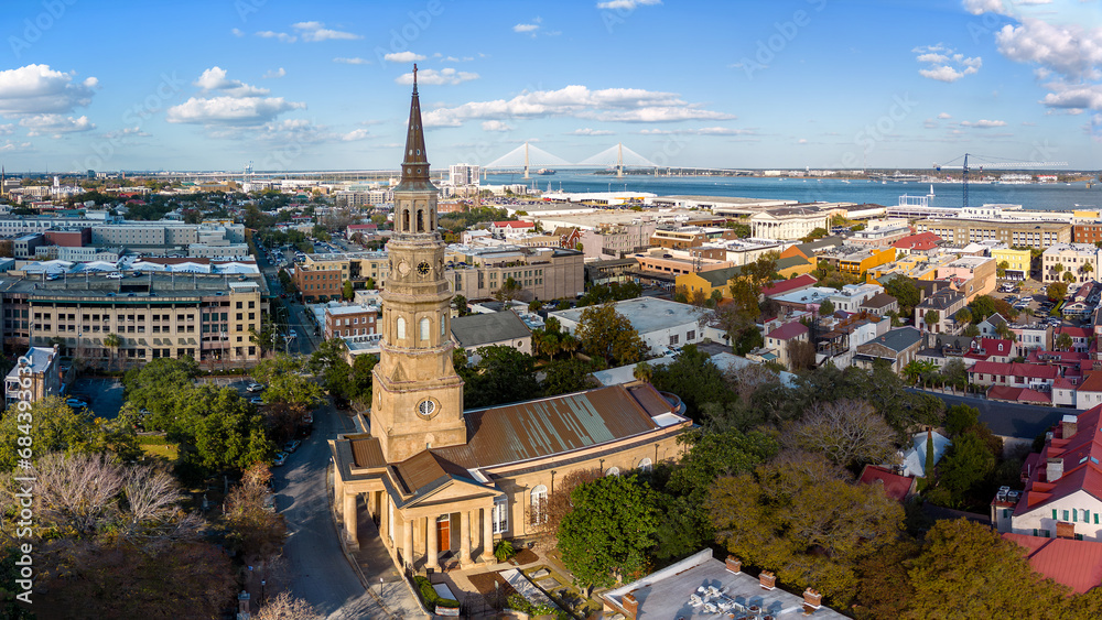 Naklejka premium Aerial panoramic of downtown Charleston, South Carolina. November 18, 2023. 