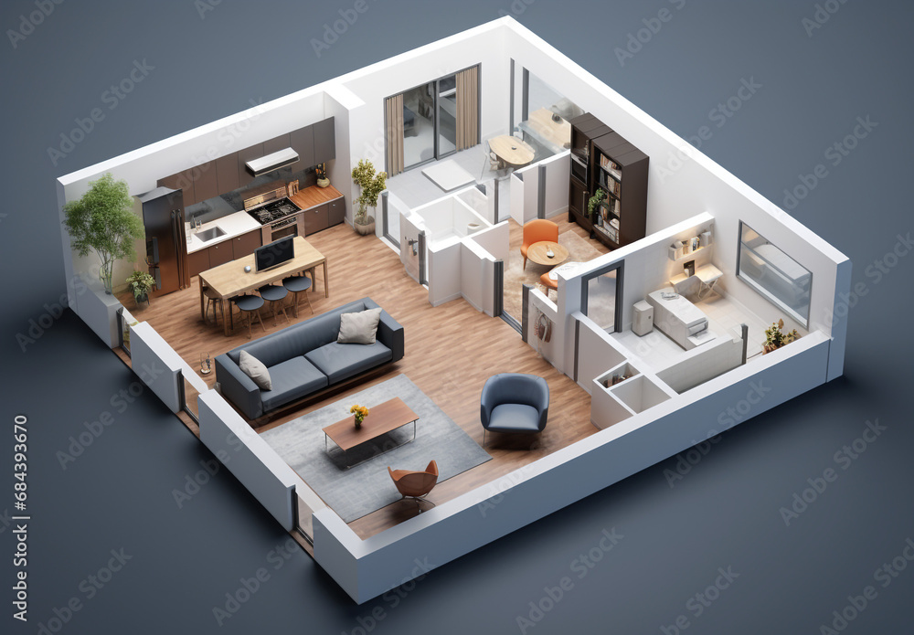 A 3D plan of a house with different rooms, walls, and furniture. Architectural housing layout in isolated isometric perspective on a dark background
