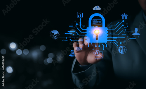 Fototapeta Naklejka Na Ścianę i Meble -  Cybersecurity and privacy concepts to protect data. Lock icon and internet network security technology. Businessman protecting personal data on internet, virtual screen interfaces. cyber security.
