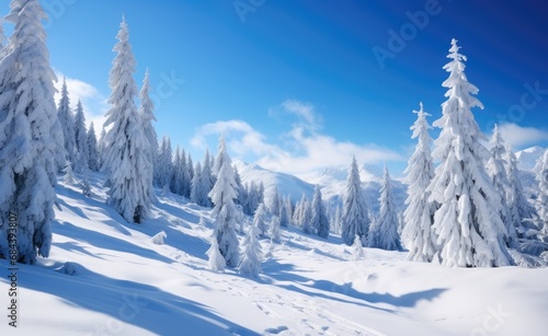 Breathtaking winter landscape with snow-covered trees under a clear blue sky, untouched snow blanketing the ground © InfiniteStudio